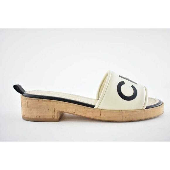 Chanel 19S Ivory Black Letter CC Logo Cork Mules Slide Sandal Flop Flat 35c - Picture 2 of 12